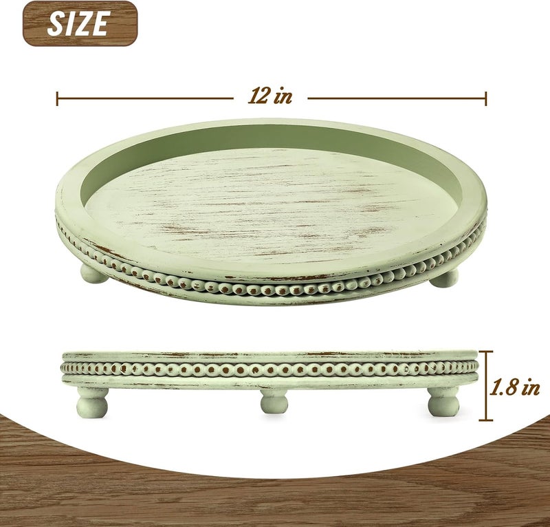 KULEDM Handmade Wooden Decorative Tray, Small Beaded Coffee Table Tray Decor, Sage Round Serving Tray for Coffee Table, Dining Room Table Entryway and Living Room Table - Image 3